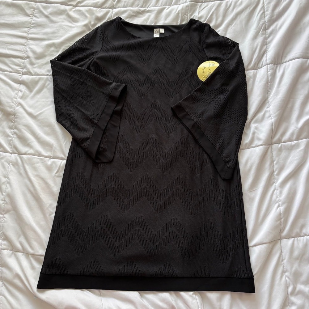 NWT Emma & Michele Black Chevron Mesh Bell Sleeve Shift Dress XL Goth Grunge